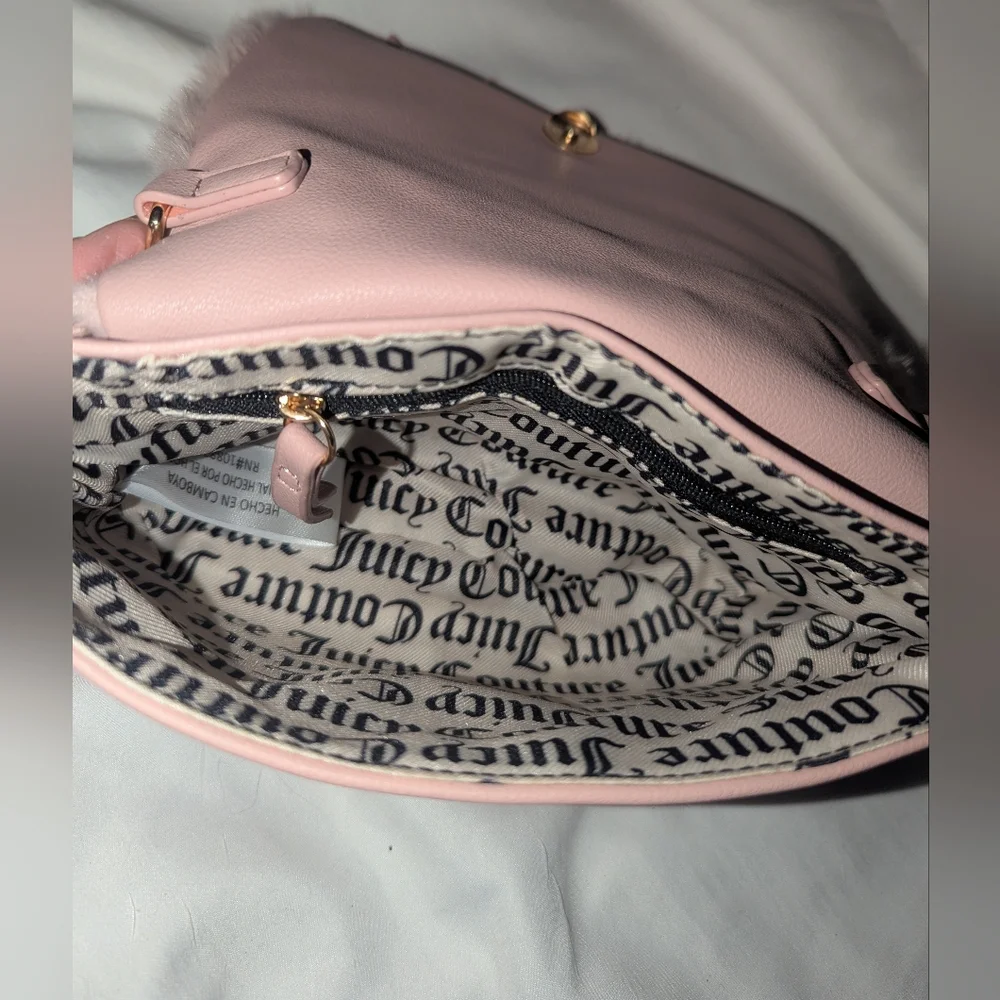 Juicy Couture Pink Faux Fur Crossbody Bag with Crown Emblem And Pom Pom Keychain